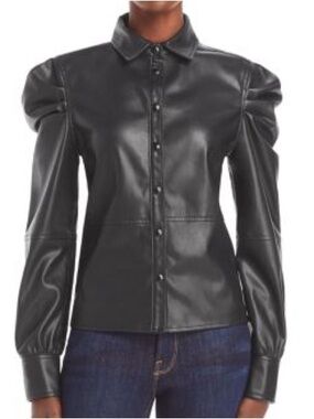 Blank NYC Black Puff Sleeve Faux Leather Shirt Size L